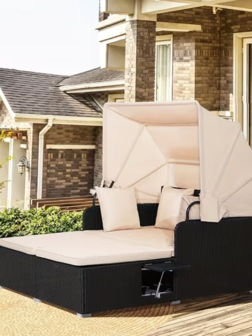 Patio Rattan Daybed Lounge Retractable Top Canopy w/Side Tables